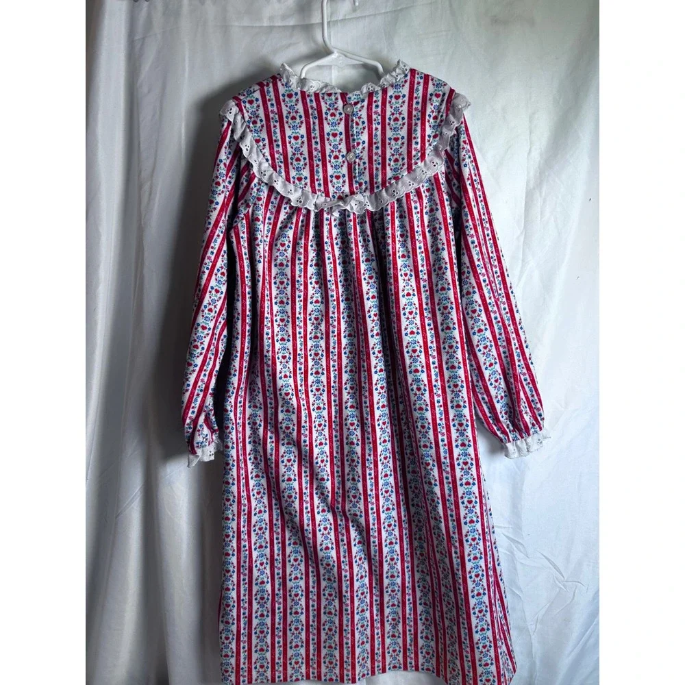 Lanz Nightgown Size M 7/8 Red Blue Striped Floral Heart Lace Trim Kids
